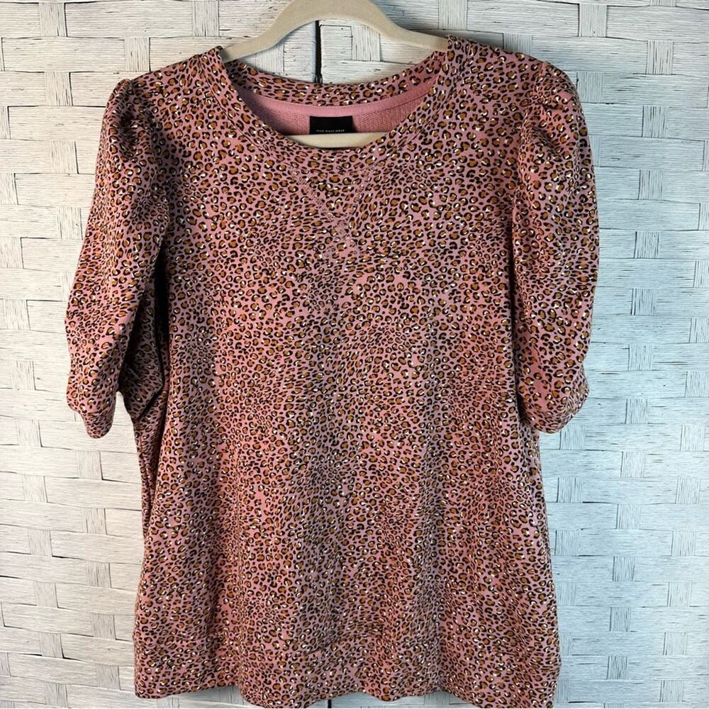 Who What Wear Pink Leopard Print Top Jersey knit animal print balloon sleeve